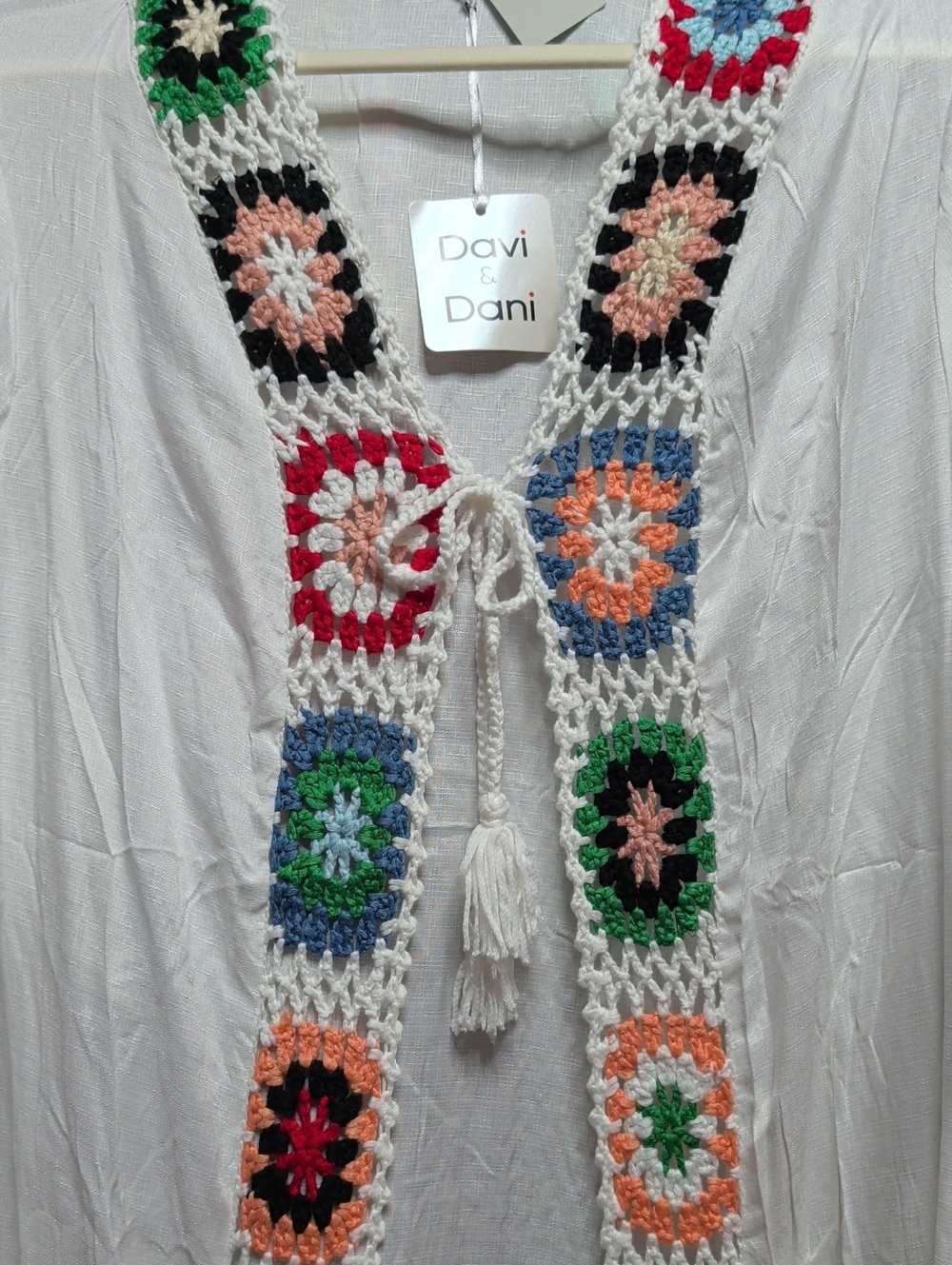 DAVI & DANI White Crochet-Trim Cardigan with Multicolor Granny Squares